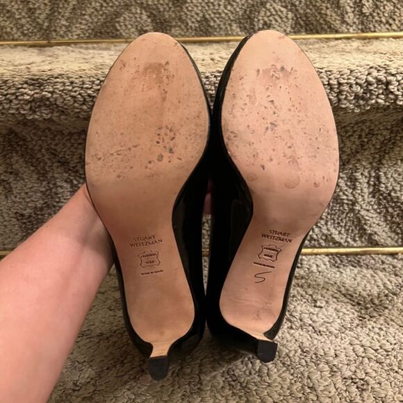 EUC Stuart Weitzman Black Patent Leather Open Peep Toe Pumps Size 6 M - Picture 8 of 8